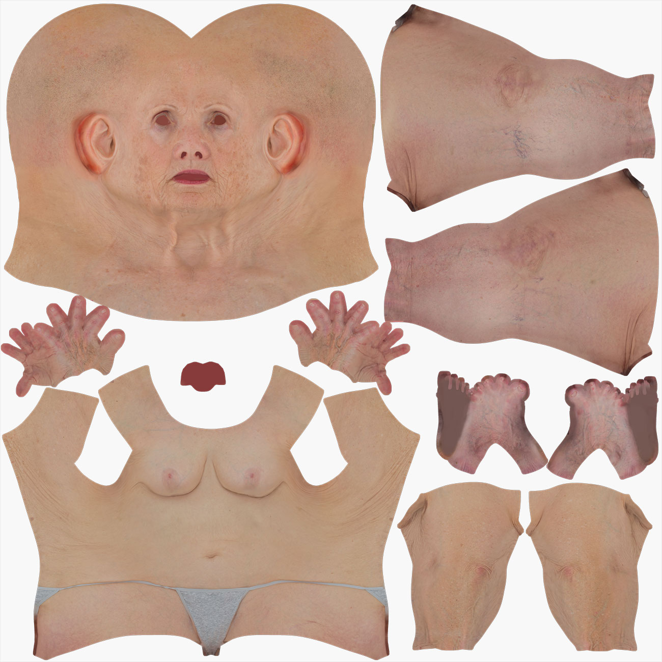 UV map layout for an older female 3D body scan showing low-distortion texture unwrap across body and head geometry